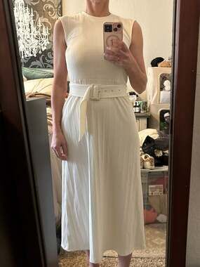 Women's Nine West Belted Ribbed Sleeveless Midi Dress in Ivory